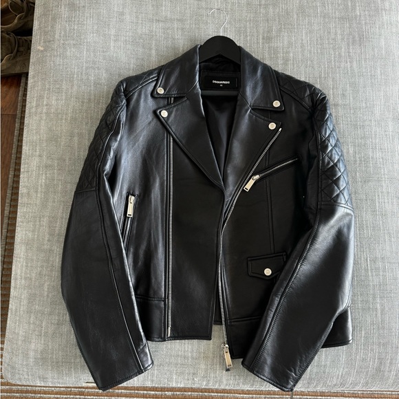 Dsquared2 Black Leather Print Biker Jacket Size 52 - Picture 7 of 15